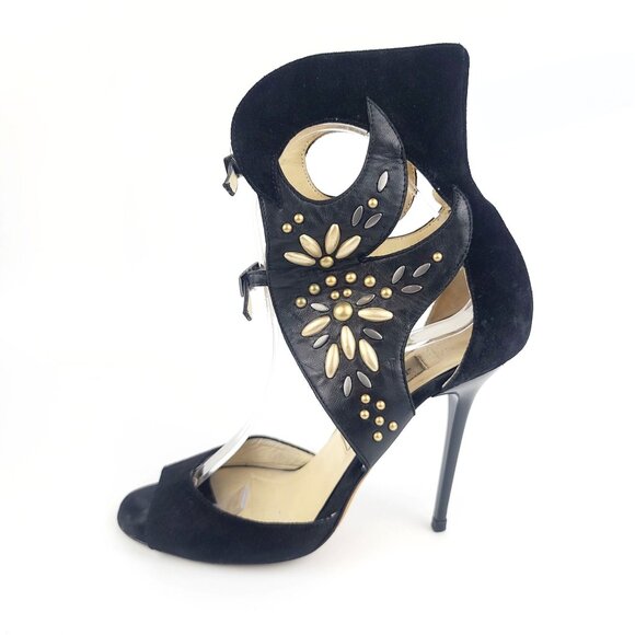 Jimmy Choo Heels Black Suede Floral Beaded Cutout Ankle Cuff Sandals Size 38 - Picture 1 of 7